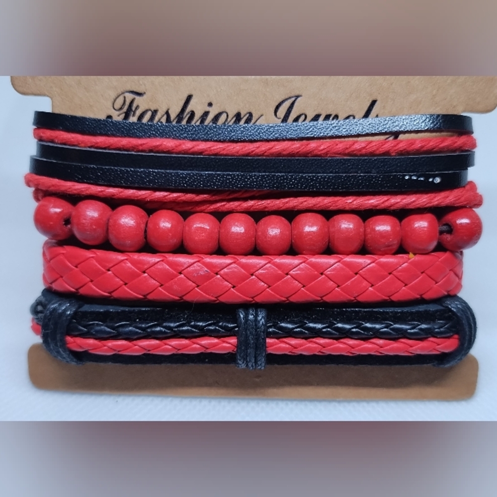 Men's Leather Bracelets Set Beaded Braided Layered Red Newβ f74